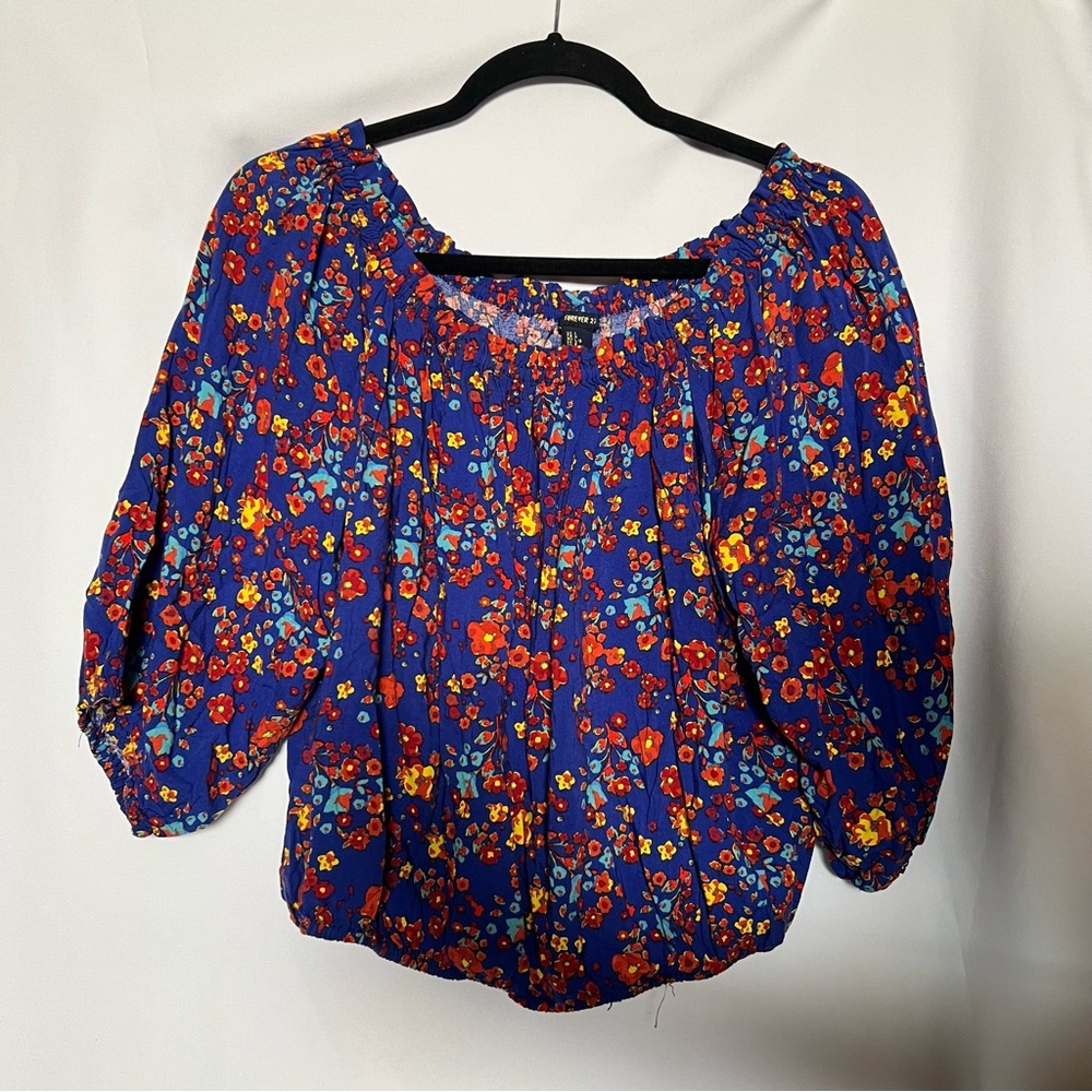 Forever 21 Blue Puff Sleeve Ruffled Blouse